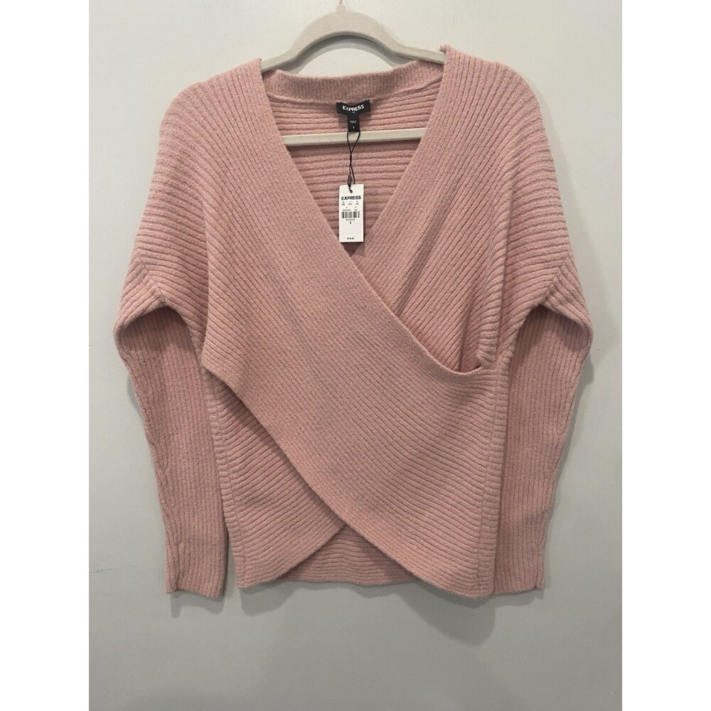 Express Women's Faux Wrap V Neck Fuzzy Sweater Blush Pink Sz Small Minimalist